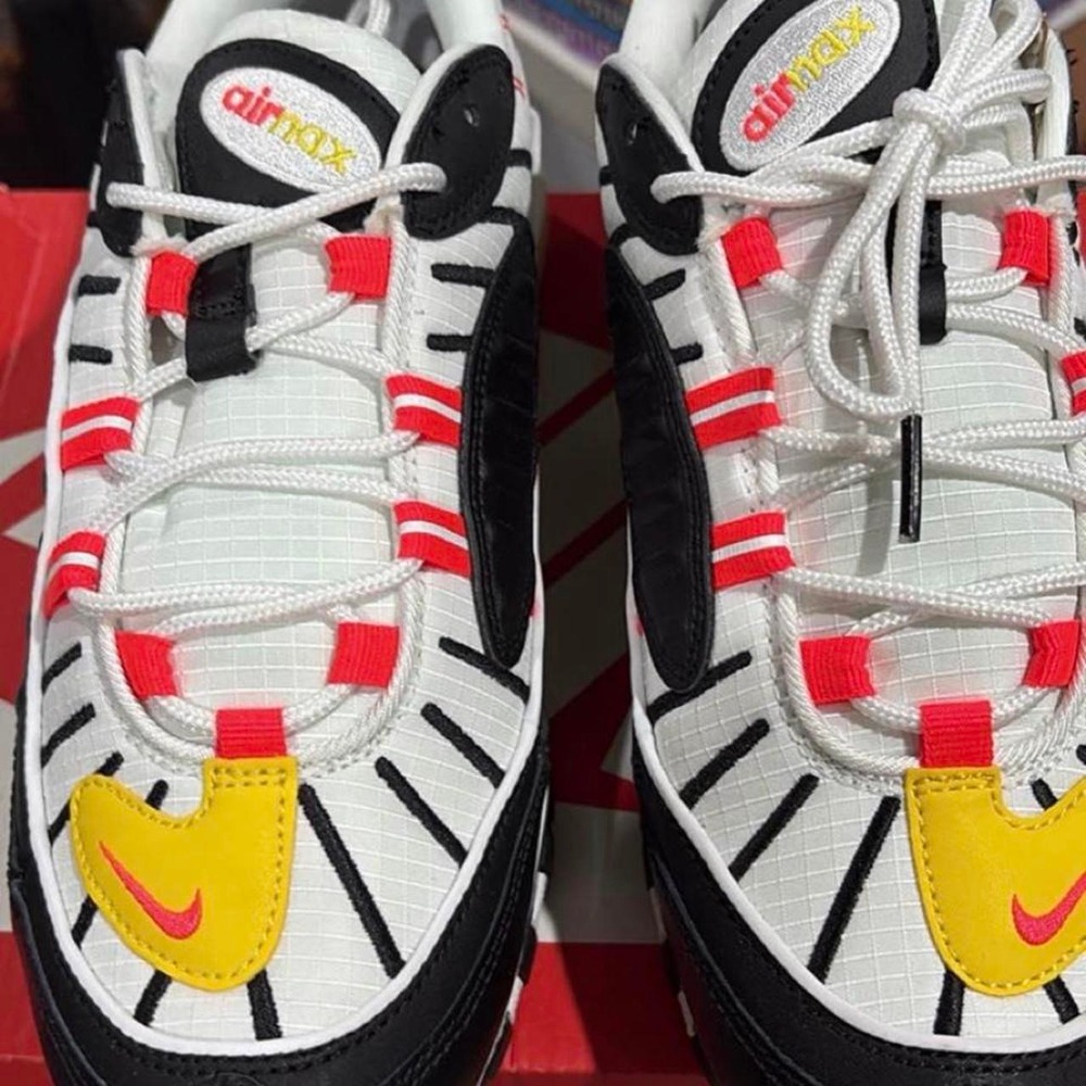 Nike Air Max 98 sneakers in black, bright crimson, and white with red/black 8